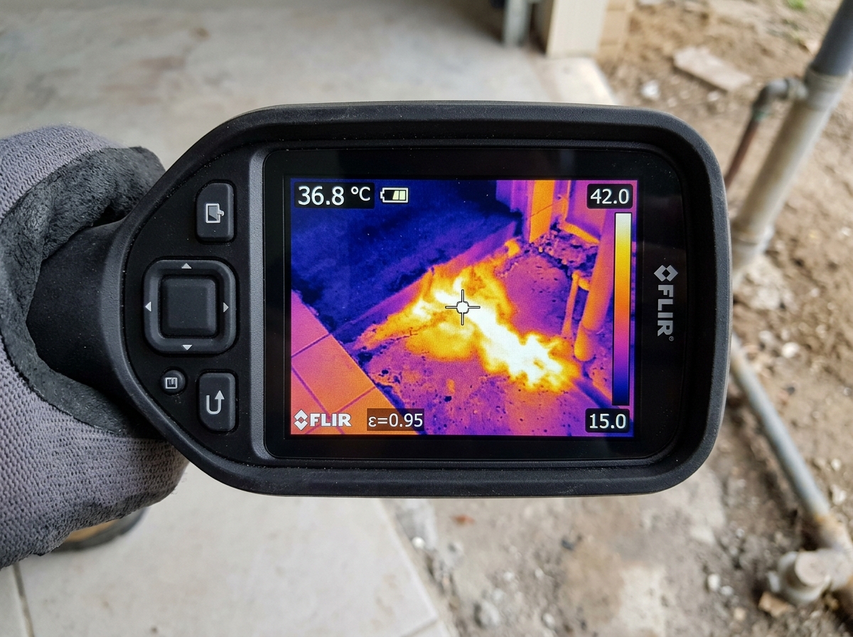 Thermal imaging camera scanning a warm spot on floor from hot water slab leak in Bradenton FL