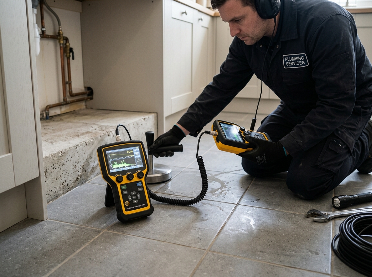 Plumbing technician performing electronic acoustic slab leak detection test on foundation in Bradenton FL